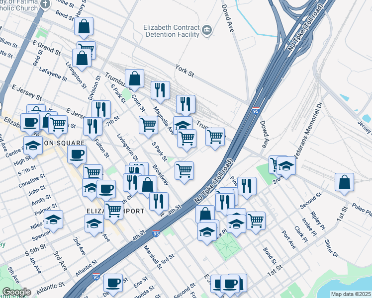 map of restaurants, bars, coffee shops, grocery stores, and more near 521 Magnolia Avenue in Elizabeth