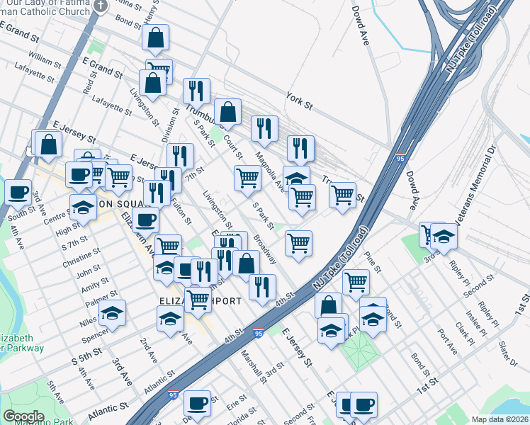 map of restaurants, bars, coffee shops, grocery stores, and more near 547 Court Street in Elizabeth