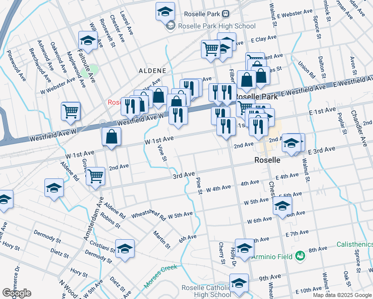 map of restaurants, bars, coffee shops, grocery stores, and more near 263 West 1st Avenue in Roselle