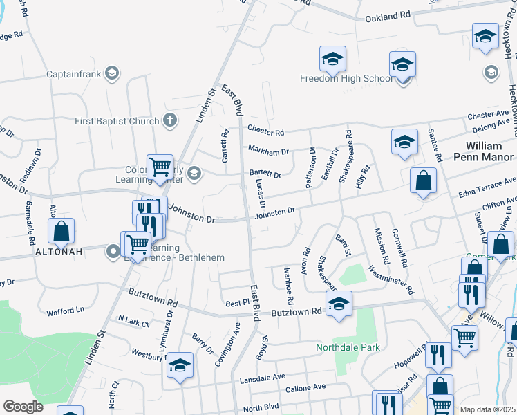 map of restaurants, bars, coffee shops, grocery stores, and more near 1741 Easthill Drive in Bethlehem