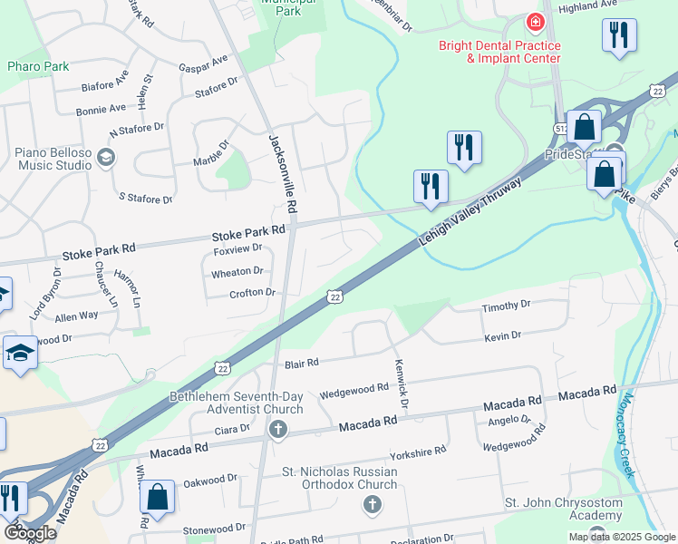map of restaurants, bars, coffee shops, grocery stores, and more near 702 Overlook Drive in Bethlehem