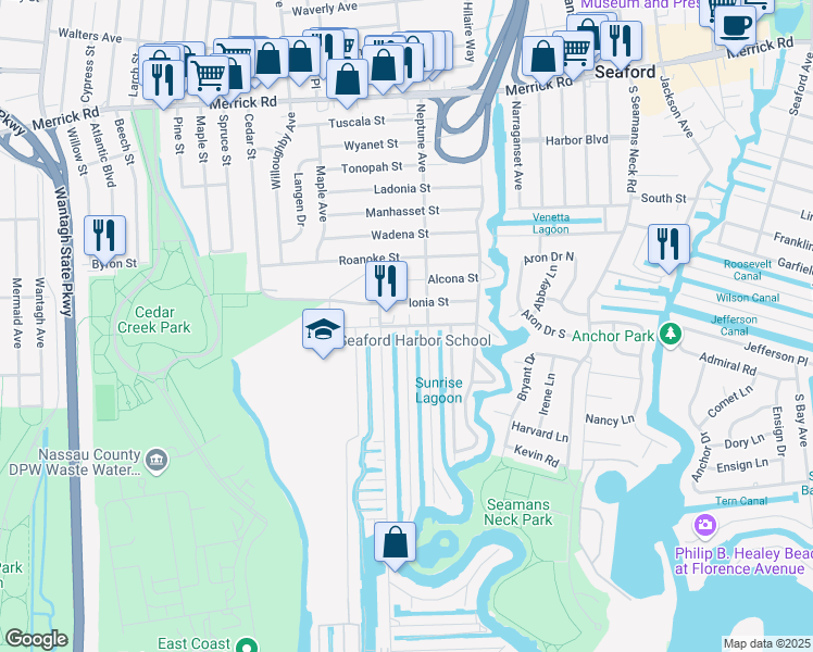 map of restaurants, bars, coffee shops, grocery stores, and more near Bayview Street & Peconic Avenue in Seaford