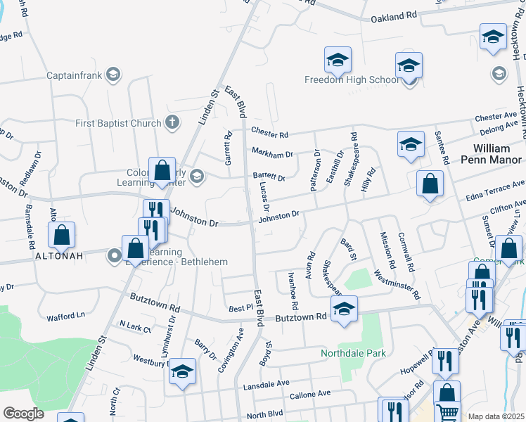 map of restaurants, bars, coffee shops, grocery stores, and more near 1741 Easthill Drive in Bethlehem