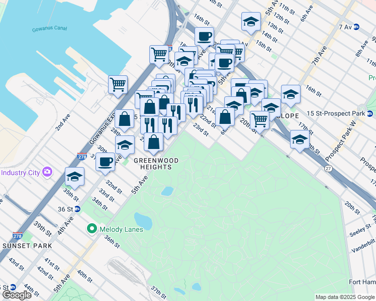 map of restaurants, bars, coffee shops, grocery stores, and more near 500 25th Street in Brooklyn