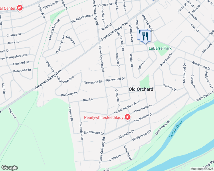map of restaurants, bars, coffee shops, grocery stores, and more near 3783 Fleetwood Drive in Easton