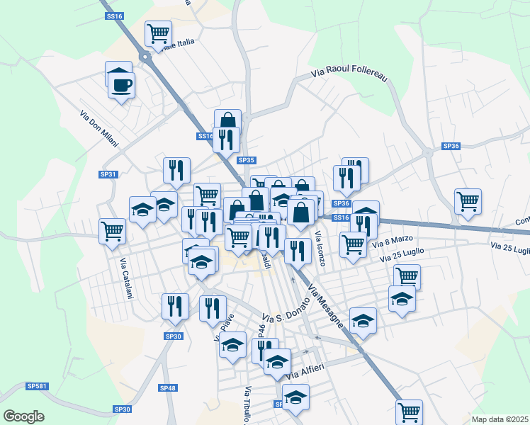 map of restaurants, bars, coffee shops, grocery stores, and more near in San Vito dei Normanni
