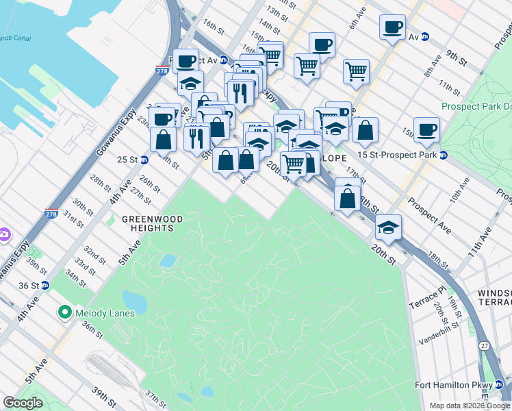 map of restaurants, bars, coffee shops, grocery stores, and more near 329 22nd Street in Brooklyn