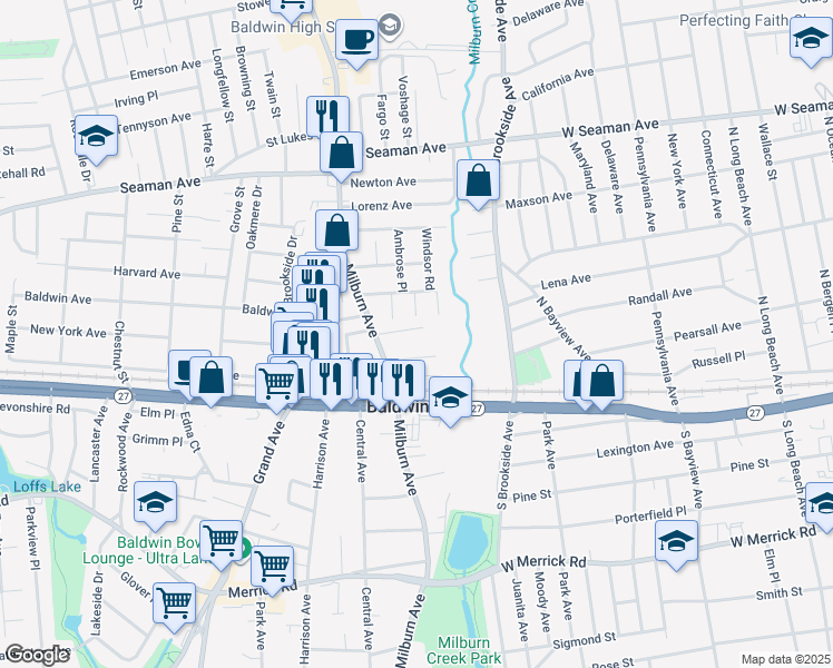 map of restaurants, bars, coffee shops, grocery stores, and more near 886 Jayne Place in Baldwin