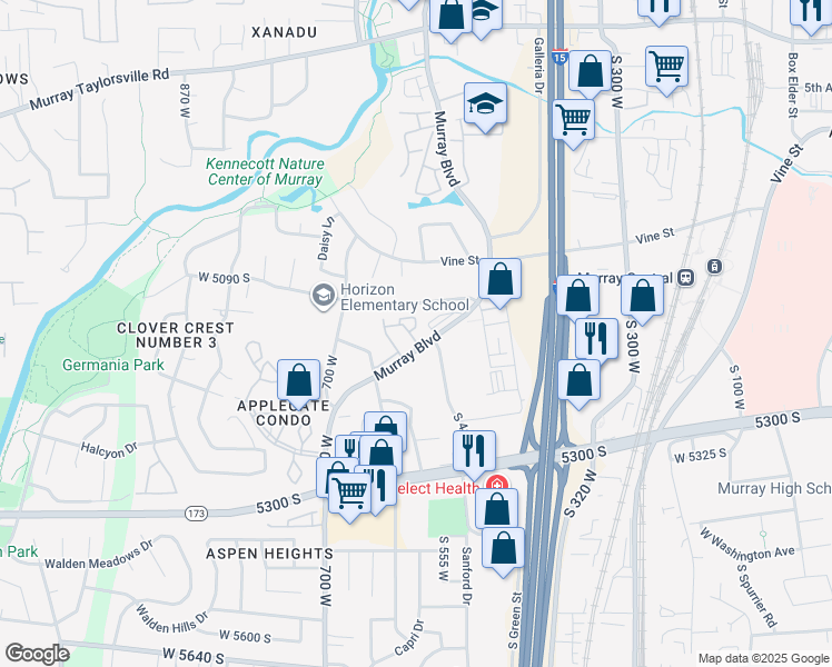 map of restaurants, bars, coffee shops, grocery stores, and more near 546 Murray Boulevard in Murray