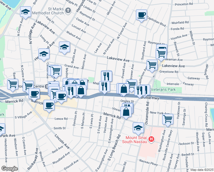 map of restaurants, bars, coffee shops, grocery stores, and more near 181 Maple Avenue in Rockville Centre