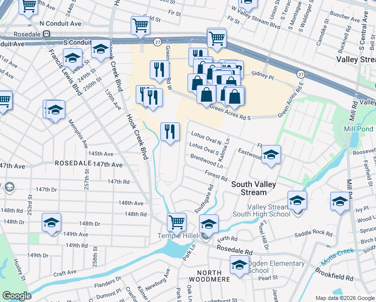 map of restaurants, bars, coffee shops, grocery stores, and more near 113 Forest Road in Valley Stream