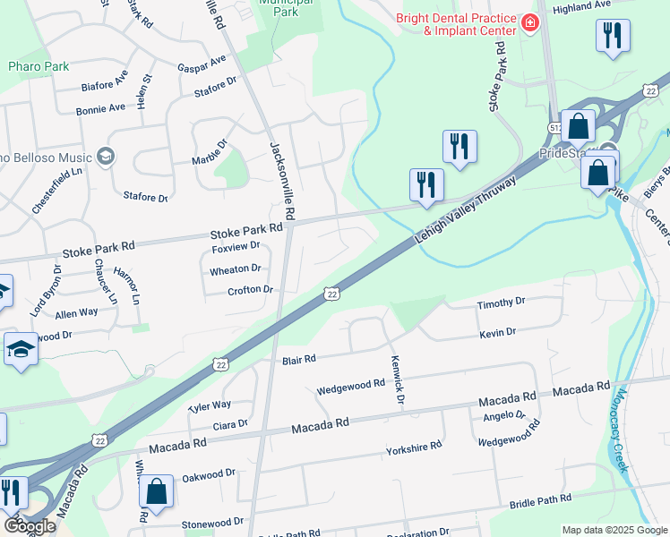 map of restaurants, bars, coffee shops, grocery stores, and more near 702 Overlook Drive in Bethlehem