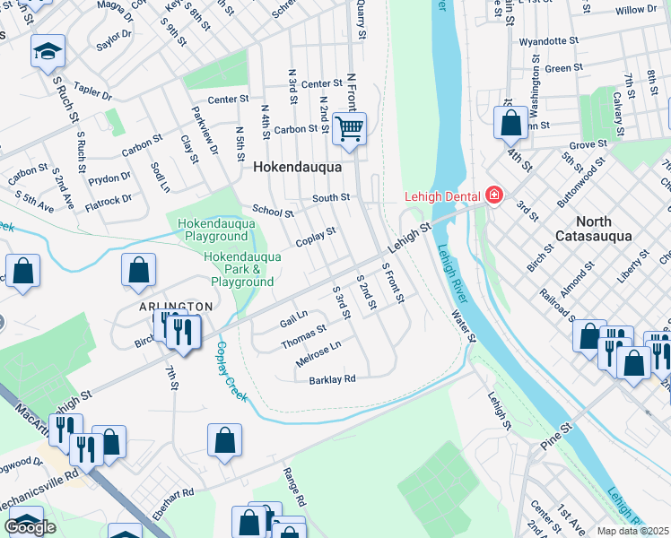 map of restaurants, bars, coffee shops, grocery stores, and more near 3219 Lehigh Street in Hokendauqua