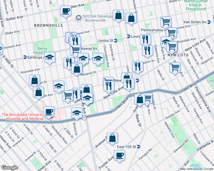 map of restaurants, bars, coffee shops, grocery stores, and more near 522 Christopher Avenue in Brooklyn