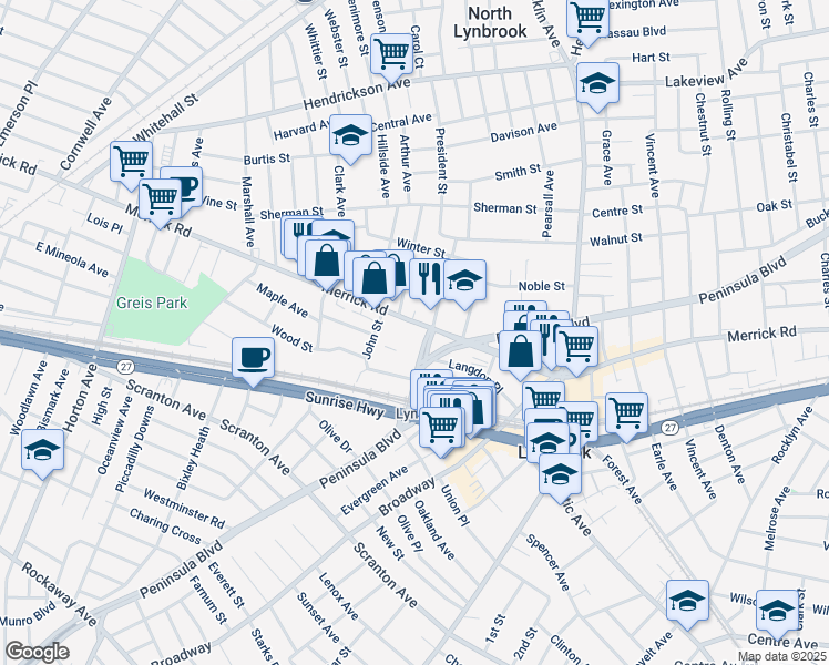 map of restaurants, bars, coffee shops, grocery stores, and more near 441 Merrick Road in Lynbrook