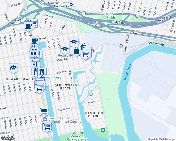 map of restaurants, bars, coffee shops, grocery stores, and more near 102-36 160th Avenue in Queens