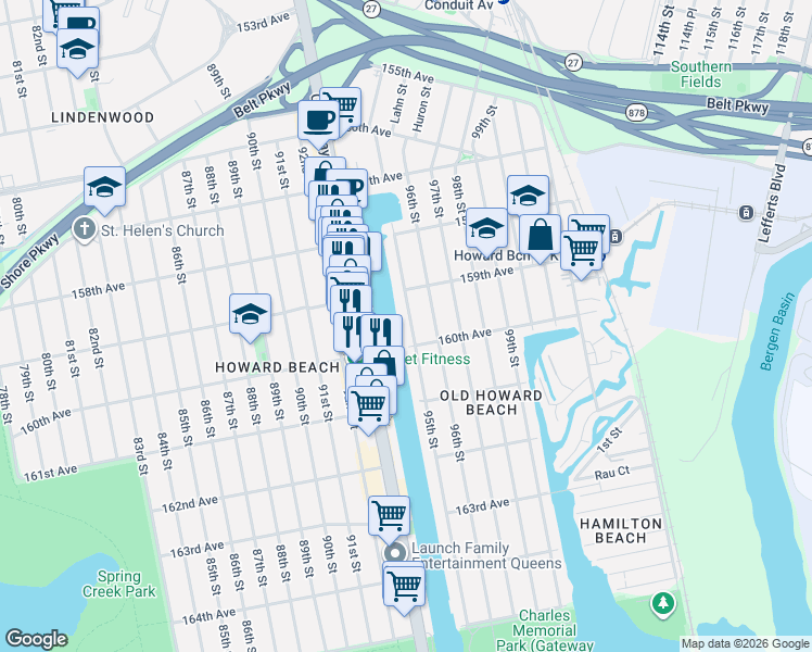 map of restaurants, bars, coffee shops, grocery stores, and more near 159-15 95th Street in Queens