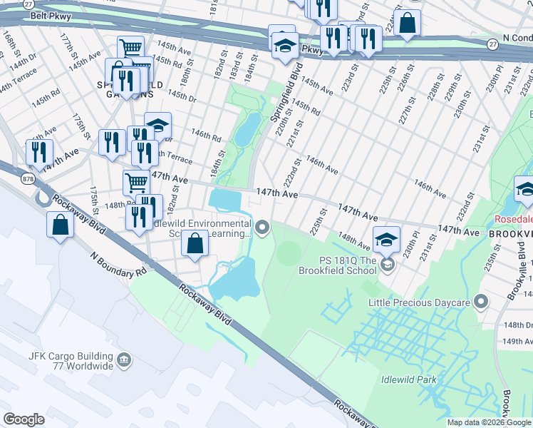 map of restaurants, bars, coffee shops, grocery stores, and more near 220-20 147th Avenue in Queens
