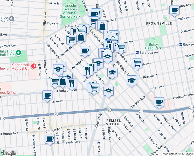 map of restaurants, bars, coffee shops, grocery stores, and more near 274 East 93rd Street in Brooklyn