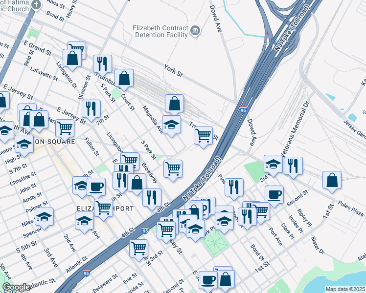 map of restaurants, bars, coffee shops, grocery stores, and more near 707 Dowd Avenue in Elizabeth