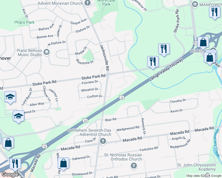 map of restaurants, bars, coffee shops, grocery stores, and more near 3298 Jacksonville Road in Bethlehem