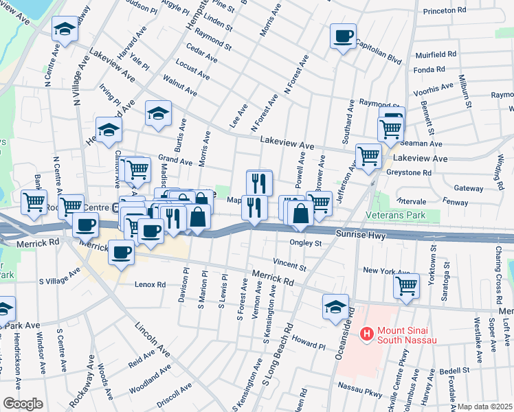 map of restaurants, bars, coffee shops, grocery stores, and more near 89 North Forest Avenue in Rockville Centre