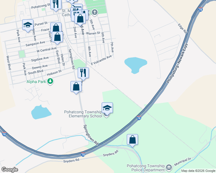 map of restaurants, bars, coffee shops, grocery stores, and more near 112 Shafer Avenue in Phillipsburg