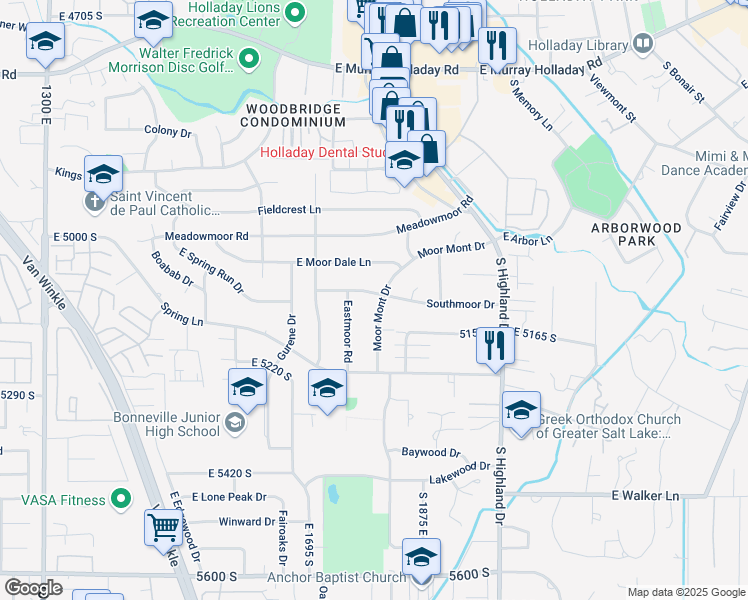 map of restaurants, bars, coffee shops, grocery stores, and more near 1808 Southmoor Drive in Salt Lake City