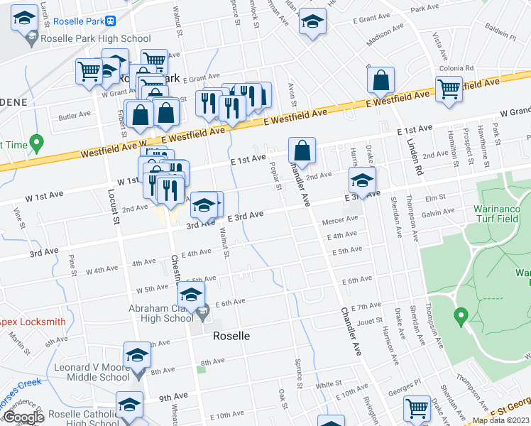 map of restaurants, bars, coffee shops, grocery stores, and more near 258 East 3rd Avenue in Roselle