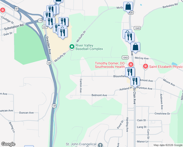 map of restaurants, bars, coffee shops, grocery stores, and more near 48712 Bloomfield Avenue in East Liverpool