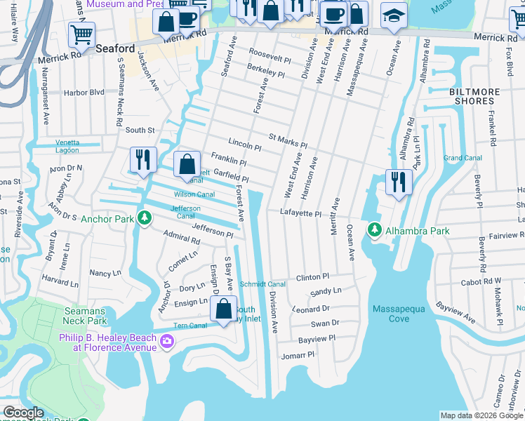 map of restaurants, bars, coffee shops, grocery stores, and more near 156 Division Avenue in Massapequa