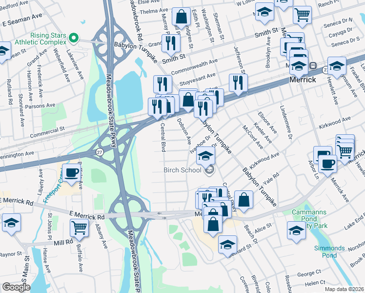 map of restaurants, bars, coffee shops, grocery stores, and more near 38 Chestnut Street in Merrick