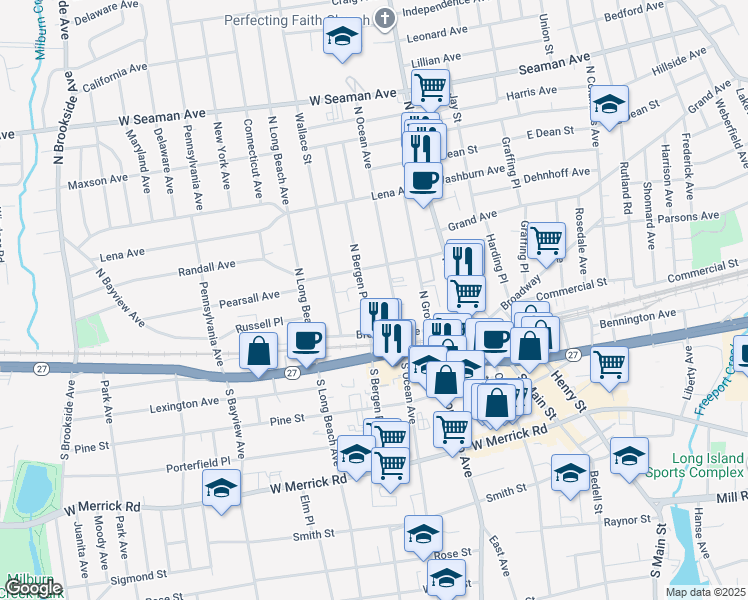 map of restaurants, bars, coffee shops, grocery stores, and more near 56 North Bergen Place in Freeport