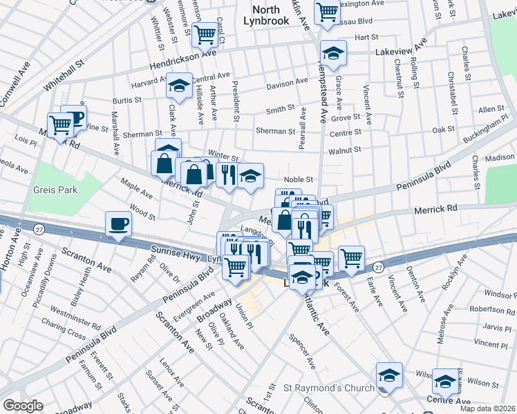 map of restaurants, bars, coffee shops, grocery stores, and more near 25 Fowler Avenue in Lynbrook