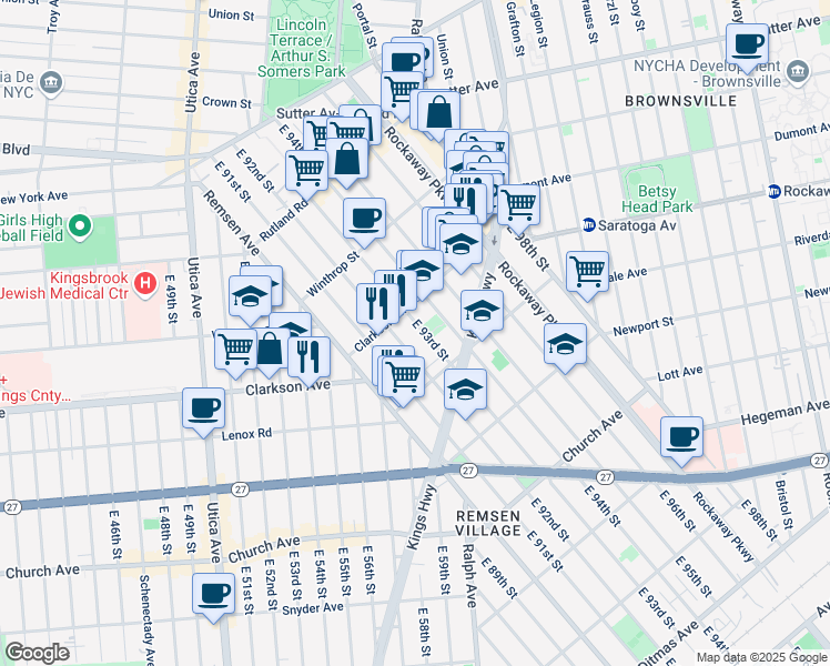 map of restaurants, bars, coffee shops, grocery stores, and more near 274 East 93rd Street in Brooklyn