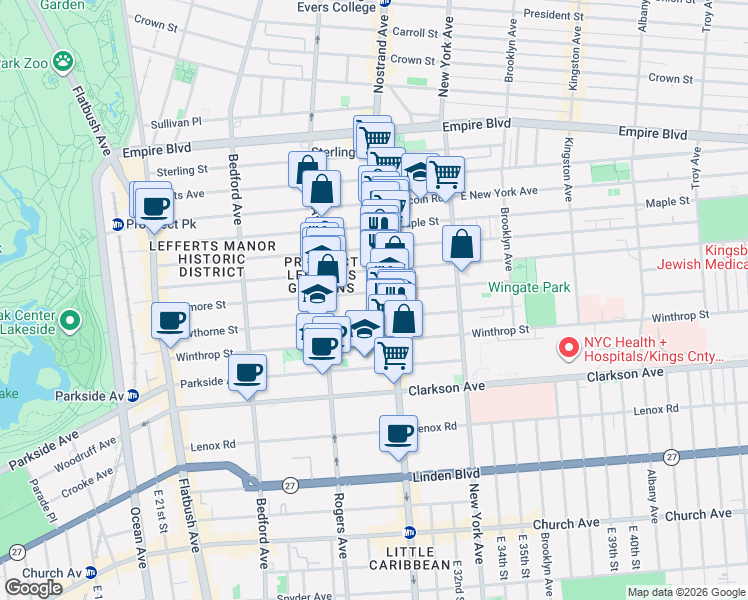 map of restaurants, bars, coffee shops, grocery stores, and more near 276 Rutland Road in Brooklyn