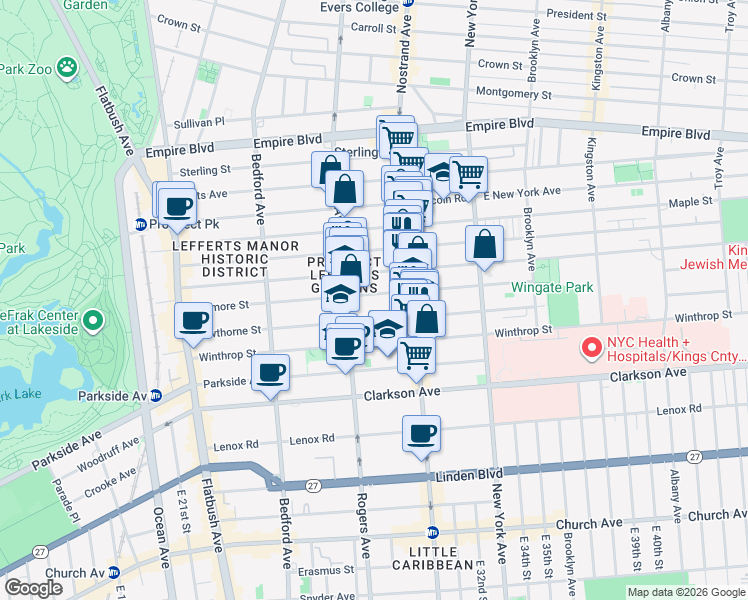 map of restaurants, bars, coffee shops, grocery stores, and more near 276 Rutland Road in Brooklyn