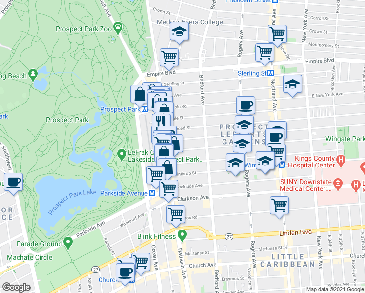 map of restaurants, bars, coffee shops, grocery stores, and more near 47 Rutland Road in Brooklyn