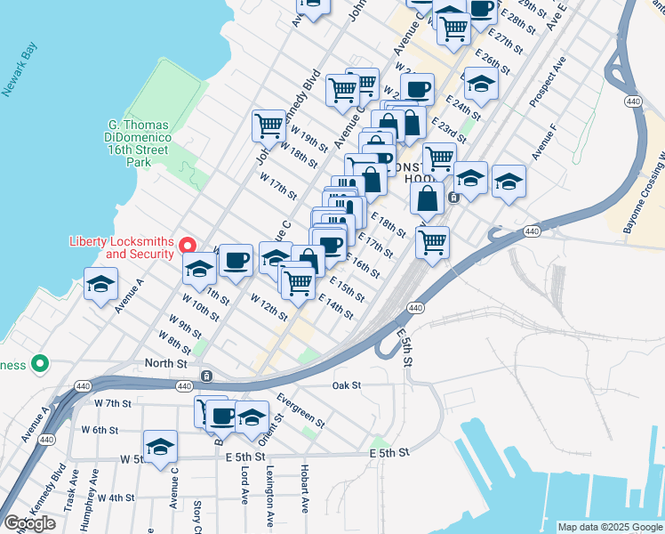 map of restaurants, bars, coffee shops, grocery stores, and more near 355 Broadway in Bayonne