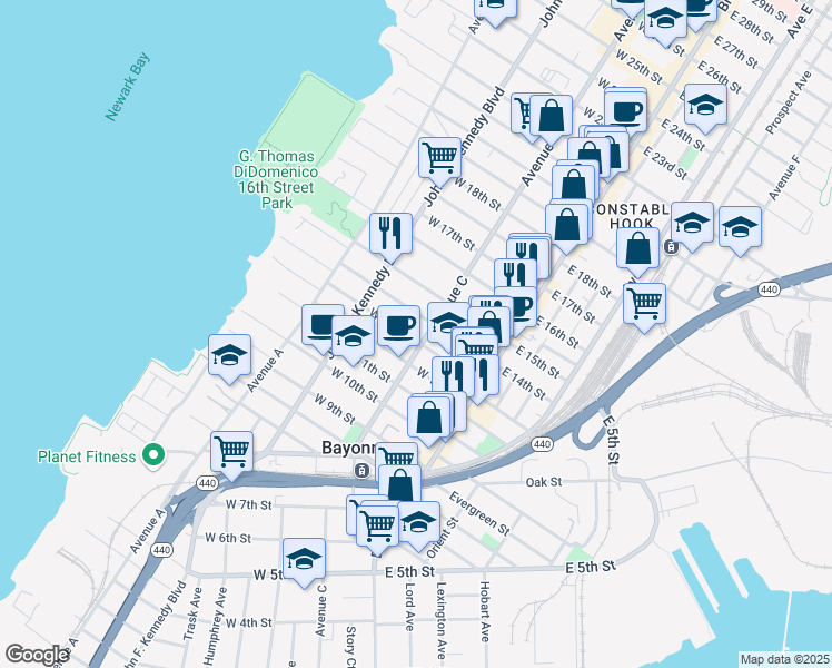 map of restaurants, bars, coffee shops, grocery stores, and more near 74 West 14th Street in Bayonne