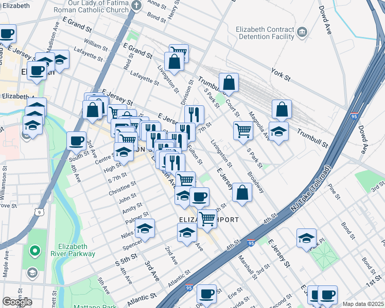 map of restaurants, bars, coffee shops, grocery stores, and more near 657 Fulton Street in Elizabeth