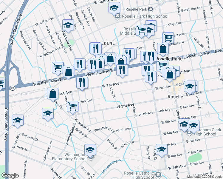 map of restaurants, bars, coffee shops, grocery stores, and more near 549 West 1st Avenue in Roselle