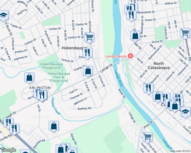 map of restaurants, bars, coffee shops, grocery stores, and more near 3151 Lehigh Street in Hokendauqua
