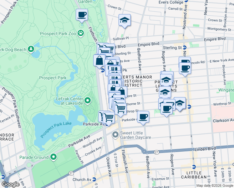 map of restaurants, bars, coffee shops, grocery stores, and more near 595 Flatbush Avenue in Brooklyn