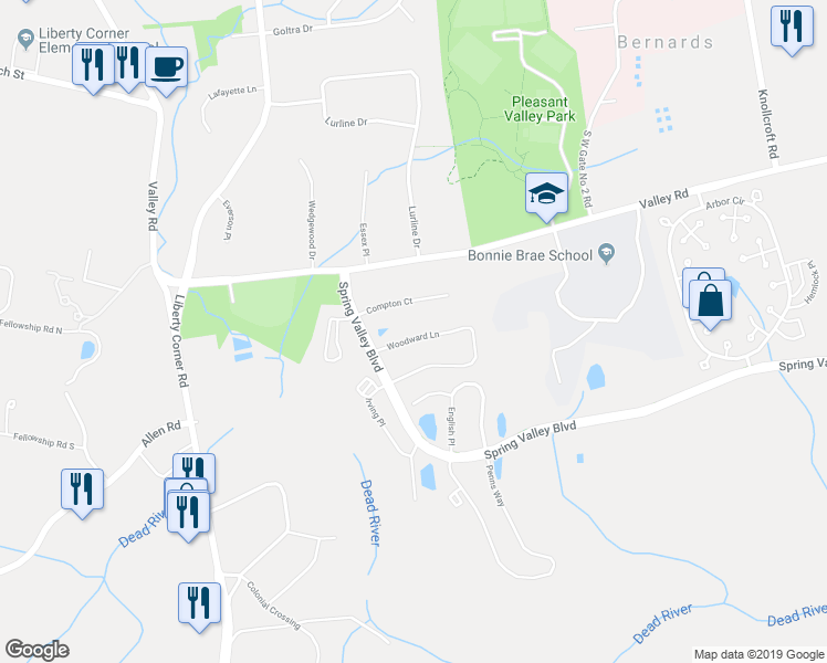 map of restaurants, bars, coffee shops, grocery stores, and more near 18 Woodward Lane in Bernards