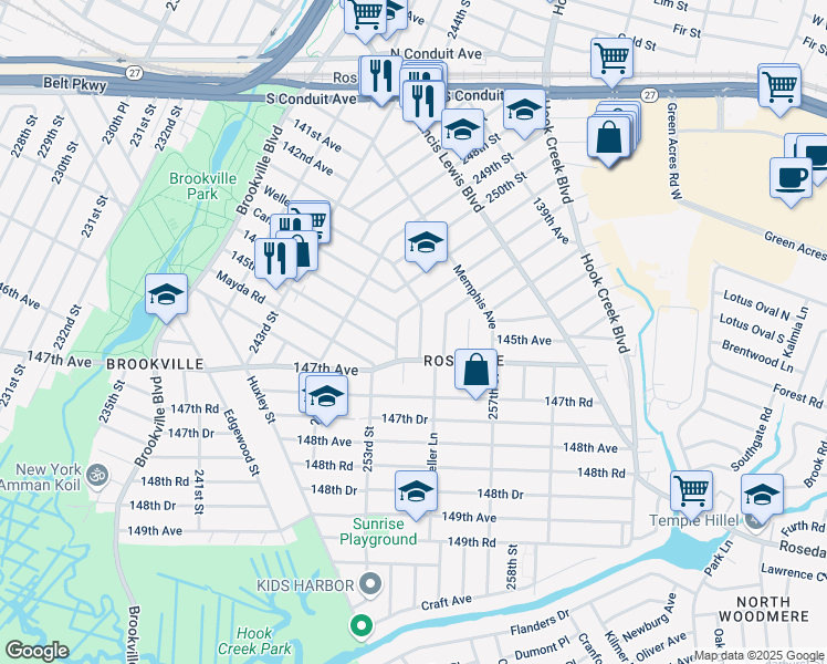 map of restaurants, bars, coffee shops, grocery stores, and more near 143-20 253rd Street in Queens