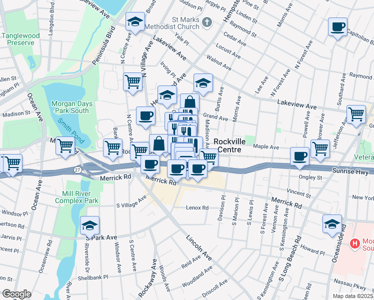 map of restaurants, bars, coffee shops, grocery stores, and more near 61 North Park Avenue in Rockville Centre