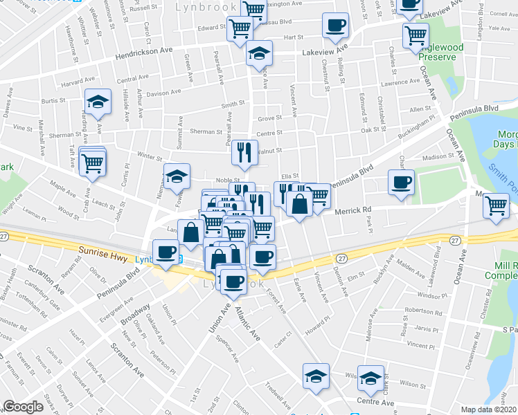 map of restaurants, bars, coffee shops, grocery stores, and more near 13 Irwin Court in Lynbrook
