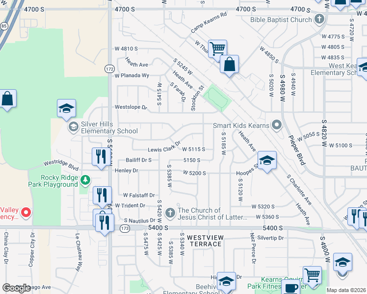 map of restaurants, bars, coffee shops, grocery stores, and more near 5332 Crockett Drive in Kearns