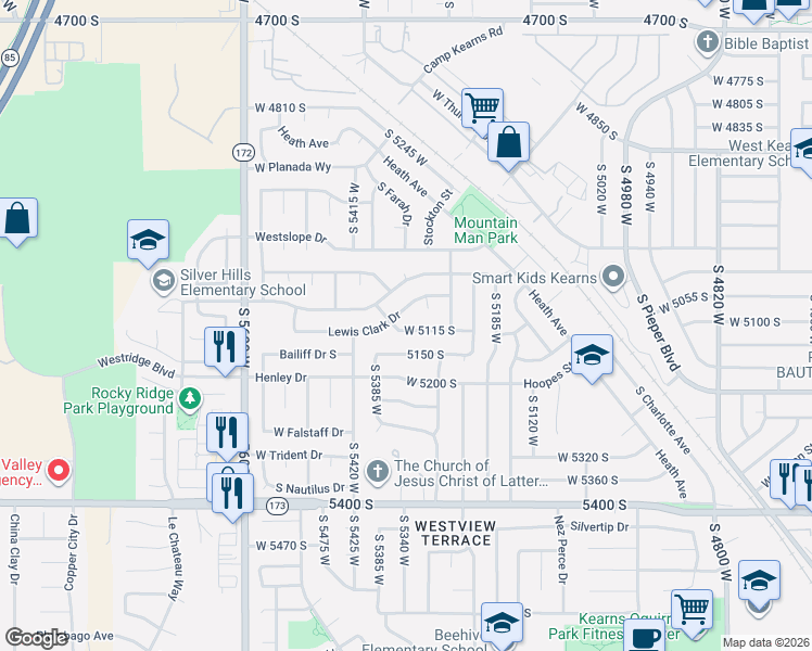 map of restaurants, bars, coffee shops, grocery stores, and more near 5332 Crockett Drive in Kearns